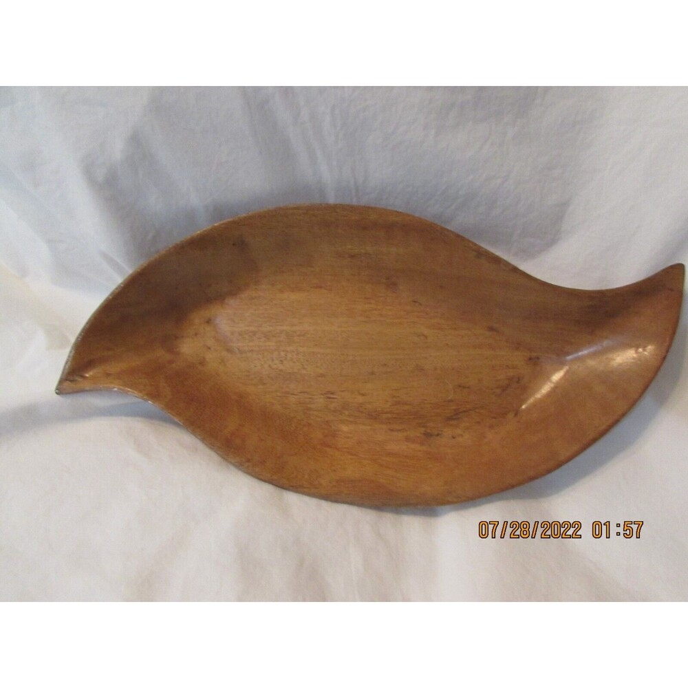 WOOD SERVING DISH LEAF SHAPED SIGNED TEAK? TIKI BAR PARTY